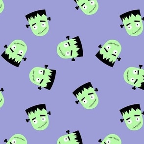 Cutesy Frankentein robot faces - halloween zombie design green on lavender blue