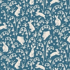 (S) Woodland Bunnies and Bluebells - Cute Hand Drawn White Rabbits on a Denim Blue Floral Background