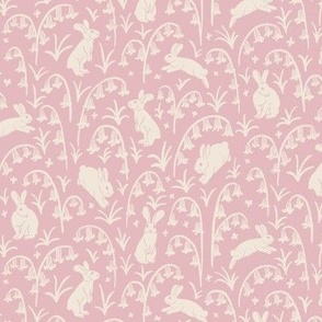 (S) Woodland Bunnies and Bluebells - Cute Hand Drawn White Rabbits on a Pink Floral Background
