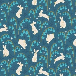(S) Woodland Bunnies and Bluebells - Cute Hand Drawn White Rabbits on a Denim Blue Floral Background