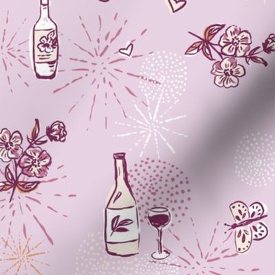 Lets Celebrate Wine glass, wine and fireworks pink & purple