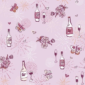 Lets Celebrate Wine glass, wine and fireworks pink & purple