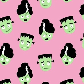Cute Doctor Frankenstein and bride spooky horror love mint green on pink 
