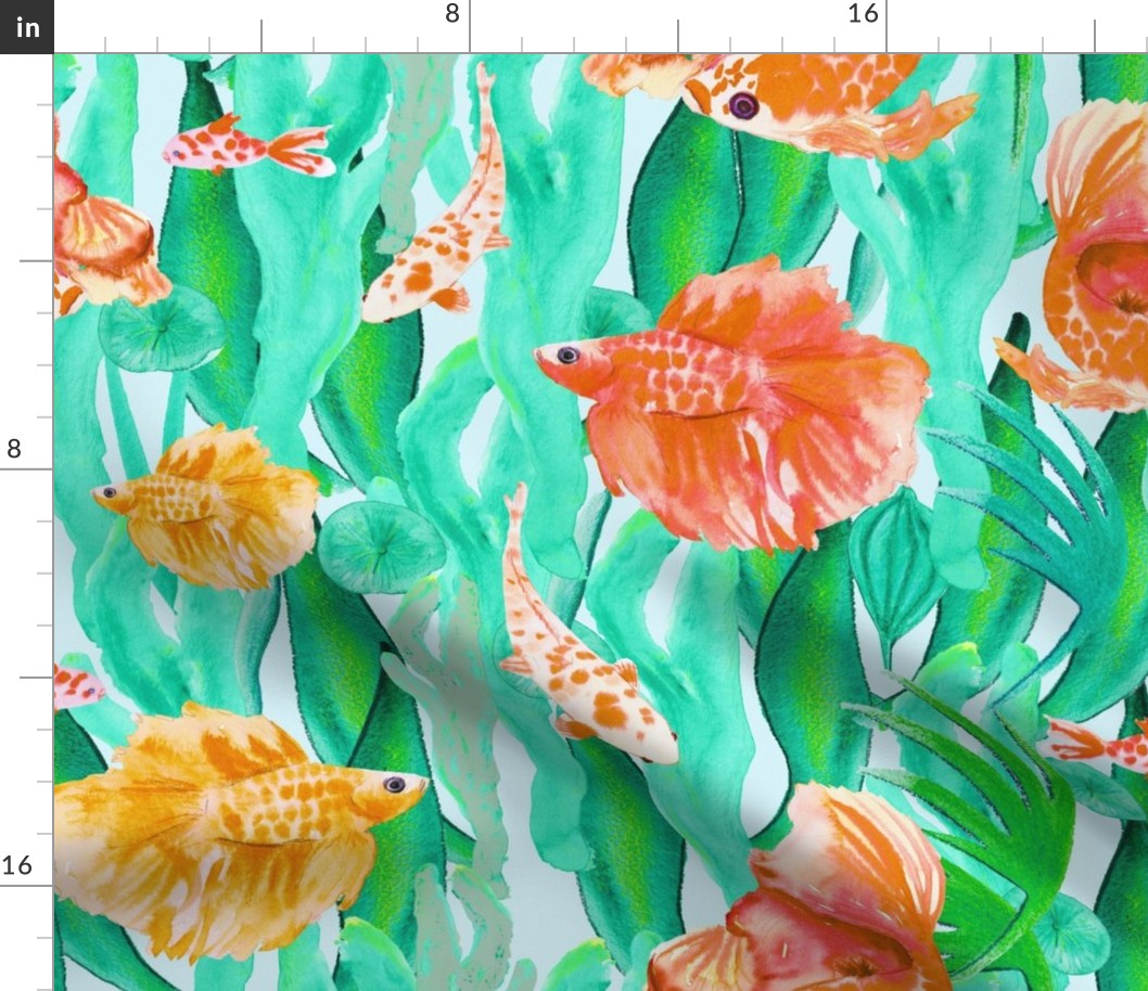 Red fish pattern in orange and vivid teal
