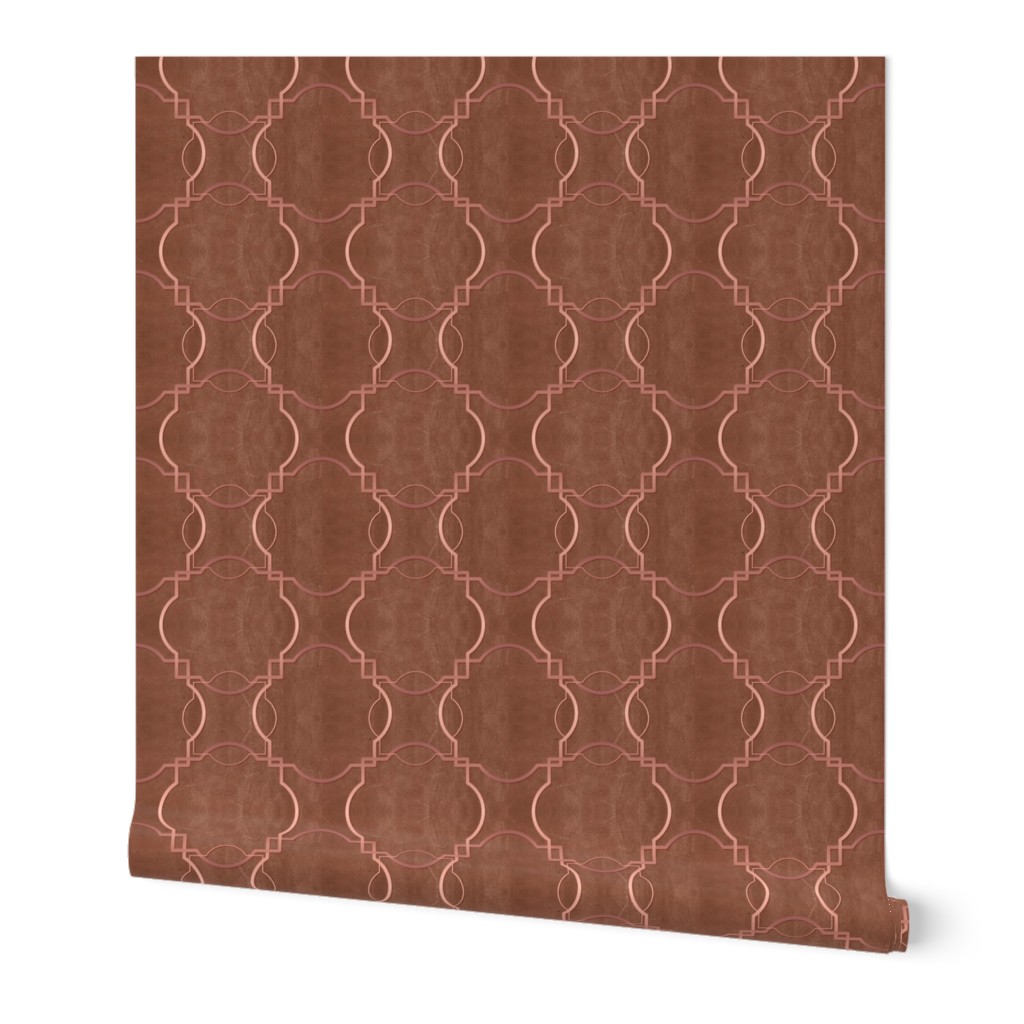 Elegant Rose Gold Trellis on Cinnamon | Quatrefoil Design | Warm Minimalist Décor | Moroccan Inspired