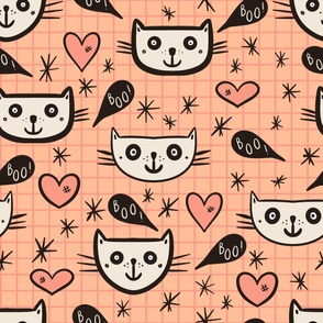 Happy-Halloween-cats-with-boo-speech-bubbles-and-hearts-on-fuzz-peach-pink-XL-jumbo