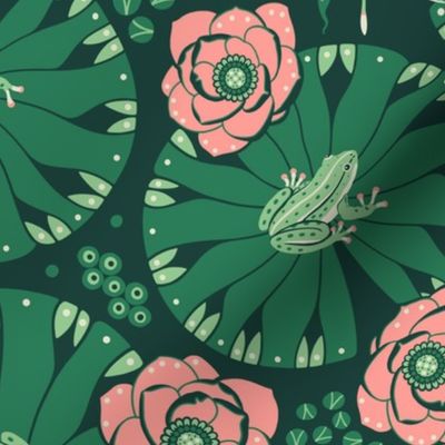 Frogs on Lotus Leaf - Pink and Green