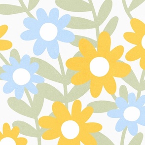 (L) Minimal Retro Boho 70s Daisy Floral in Bloom SAGE YELLOW neutral #minimalfloral #70sfloral #pinkanturquoise #bohofloral #softpastels #Easter #spoonflowercollection