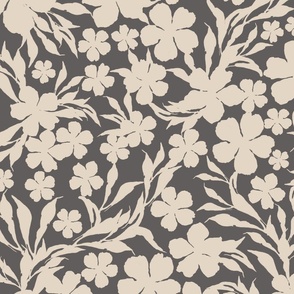large - Loose florals and branches with long leaves - swan light beige on dark gull gray