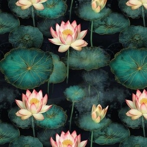 pink lily on dark green pond