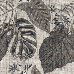 Monochrome textured tropical pattern. Large brown leaves and flowers on a beige background.