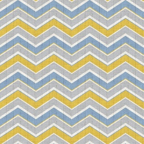 White, blue, yellow and gray zigzag stripes. Textured pattern.