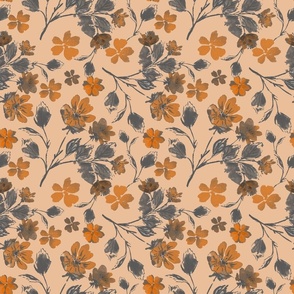 Retro floral watercolor pattern. Orange flowers with gray leaves on a beige background.