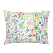 Colorful frog garden - cute spring frogs - funny toad Amphibian - happy Children Kids Summer nature wild flowers - drinking tea coffee - in a Rainbow of colors blue yellow green - frog lovers