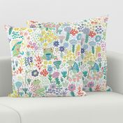 Colorful frog garden - cute spring frogs - funny toad Amphibian - happy Children Kids Summer nature wild flowers - drinking tea coffee - in a Rainbow of colors blue yellow green - frog lovers