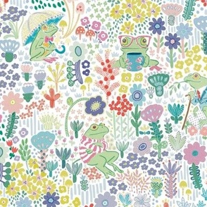 Small Colorful frog garden - cute spring frogs - funny toad Amphibian - happy Children Kids Summer nature wild flowers - drinking tea coffee - in a Rainbow of colors blue yellow green - frog lovers