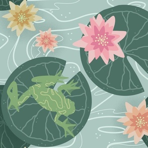 Frogs on lilypads in a pond with lotus flowers