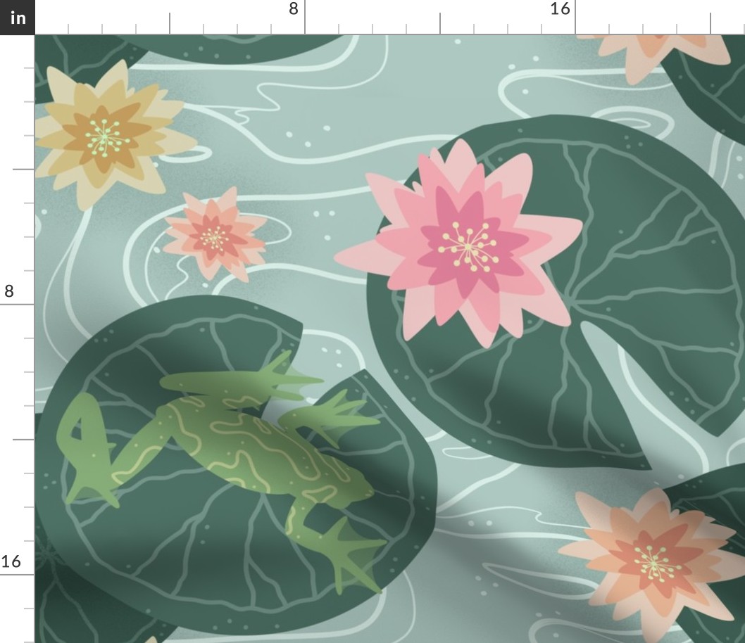 Frogs on lilypads in a pond with lotus flowers