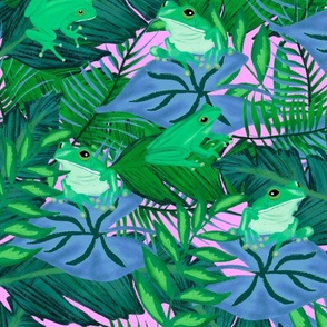 Hiding Tree Frogs - Lush Green and Blue Foliage on Pink - Large