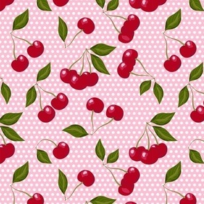   Rustic retro sixties ripe cherry on pink polka dot background