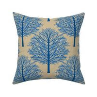 Classic tree print in blue and cream / boys room wallpaper or fabric