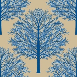 Classic tree print in blue and cream / boys room wallpaper or fabric