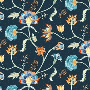 Trailing Indian boho chintz florals  navy blue - large scale