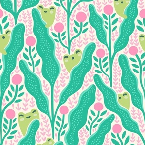 Kawaii Frogs | Cute Characters & Flowers | Green & Pink