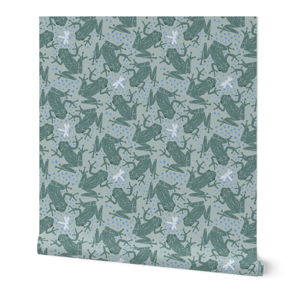 [large] Block Print Green Frogs with Dragonflies - Muted Green Gray