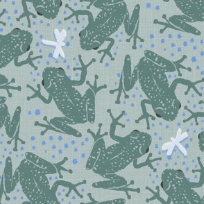 [large] Block Print Green Frogs with Dragonflies - Muted Green Gray