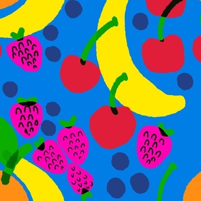 Big Fruit Bowl Blue Mixed Banana, Strawberry, Blueberry And Cherry Pastel Polka Dot Bright Colorful Retro Modern Scandi Kitchen Foodie Wallpaper Style Design