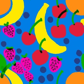 Fruit Bowl Blue Mixed Banana, Strawberry, Blueberry And Cherry Pastel Polka Dot Bright Colorful Retro Modern Scandi Kitchen Foodie Wallpaper Style Design