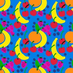 Fruit Bowl Blue Mini Mixed Banana, Strawberry, Blueberry And Cherry Pastel Polka Dot Bright Colorful Retro Modern Scandi Kitchen Foodie Wallpaper Style Design