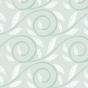MEDIUM Delicate Hand-drawn Textured Pale Pastel Green and White Decorative Curliecue Leaves
