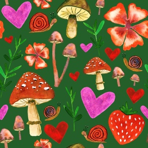 Snail and Mushroom love watercolor pattern in dark green