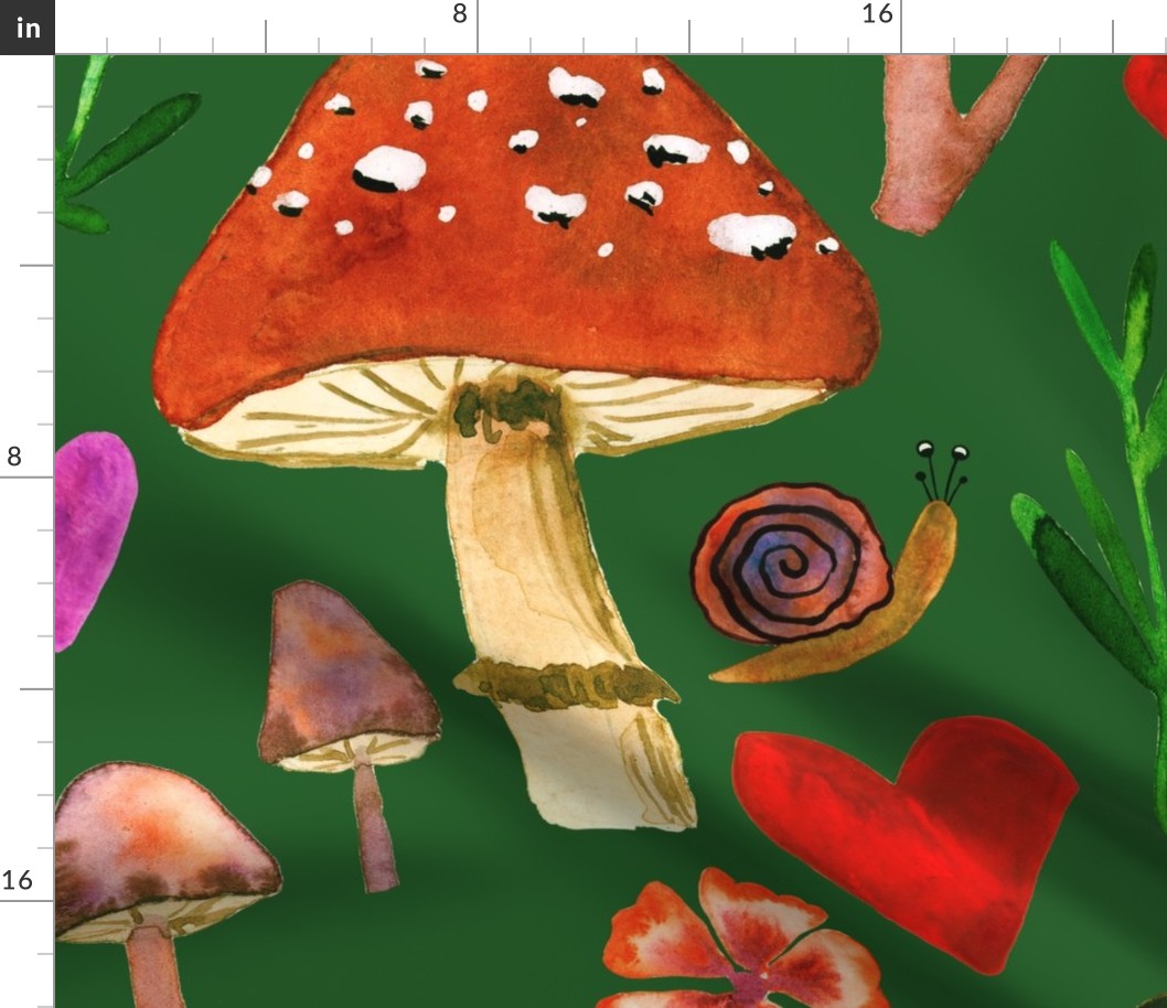 Snail and Mushroom love watercolor pattern in dark green