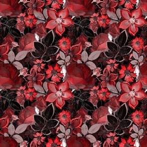 Red and black floral pattern. Bright red flowers, roses with black leaves. 