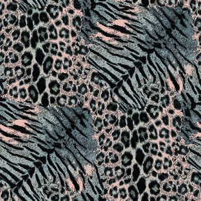 Combined leopard and tiger pattern. Black stripes and spots on a peach, light gray-blue background.