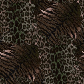 Combined leopard and tiger pattern. Black stripes and spots on a green, brown background.