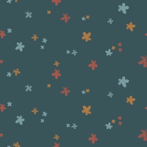 Groovy Whimsical Flowers in Earth Tones on Dark Bluish Green Background (Large)_B24010R02A