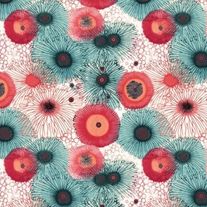 watercolor sea urchins in red orange and green teal