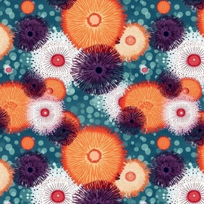 surreal watercolor sea urchins in orange red and purple teal
