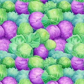 watercolor cabbages in purple and green