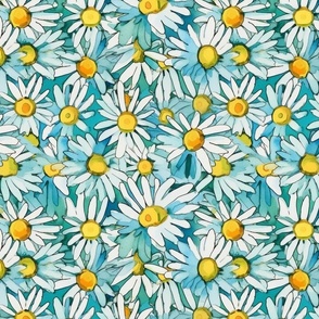 watercolor daisies in white yellow and blue green