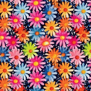 tropical summer watercolor daisies in pink orange and green blue