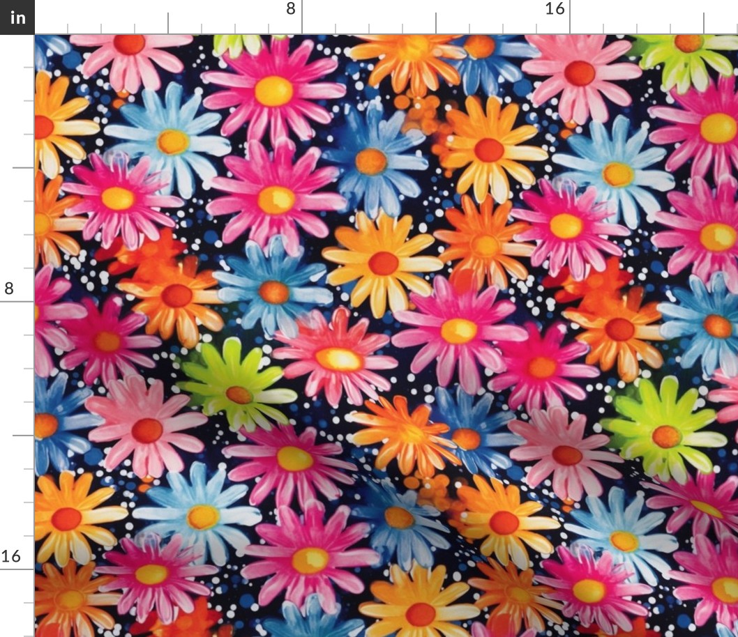 tropical summer watercolor daisies in pink orange and green blue