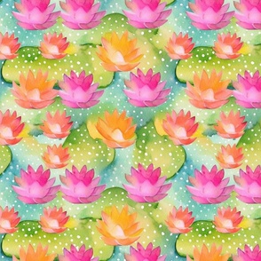 watercolor kawaii lotus in orange pink and green yellow