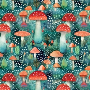 green teal and orange red watercolor mushrooms in a fairy tale forest