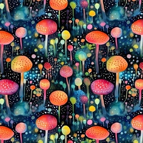 watercolor mushrooms in the abstract magic forest