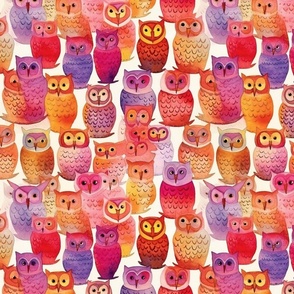 summer tropical watercolor owls in red orange and pink gold